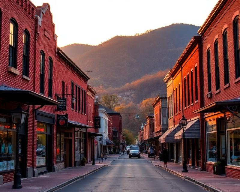 Historic brick main street in Andrews, North Carolina at sunset