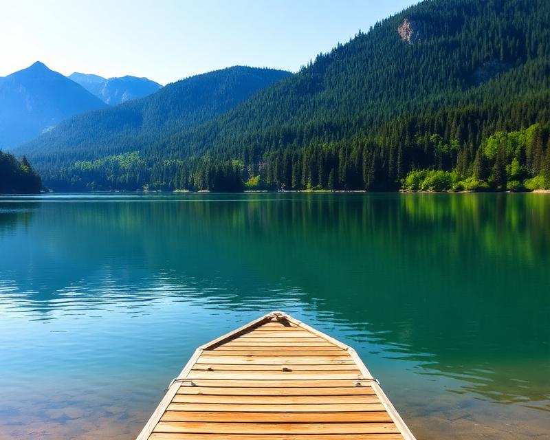 Wooden dock on a clear mountain lake near Hayesville, North Carolina