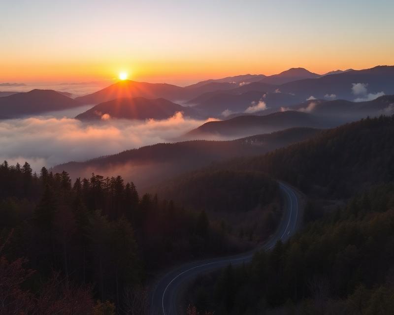 Sunrise over a misty mountain gap near Topton, North Carolina